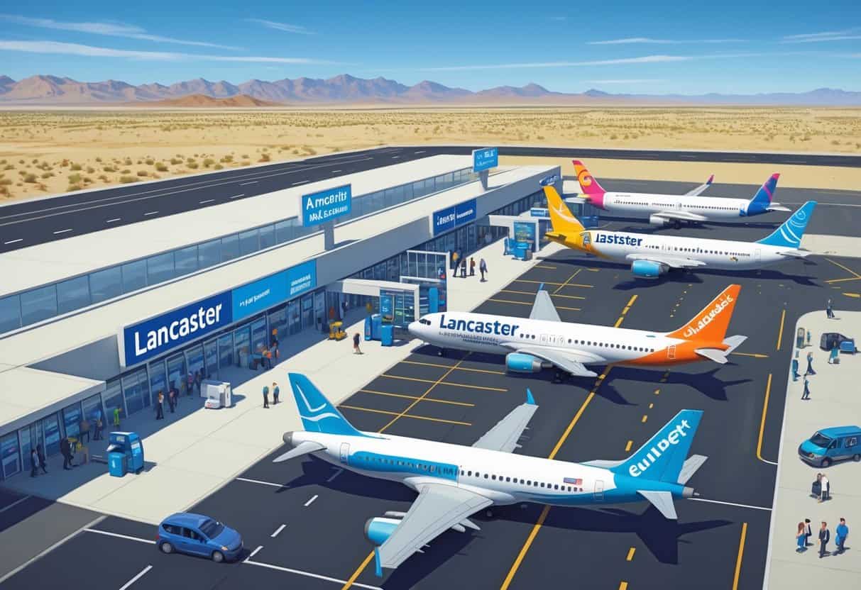 An airport in a desert area with several budget airline airplanes parked and taxiing near the terminal, with passengers and ground crew active around the planes under a clear blue sky.