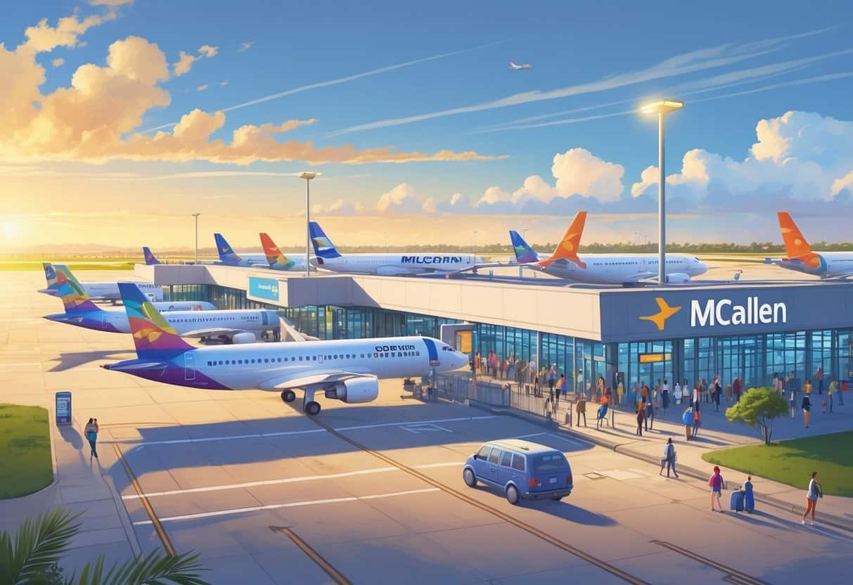 An airport scene in McAllen, Texas, showing several budget airplanes at gates with travelers moving around and a sunset sky overhead.