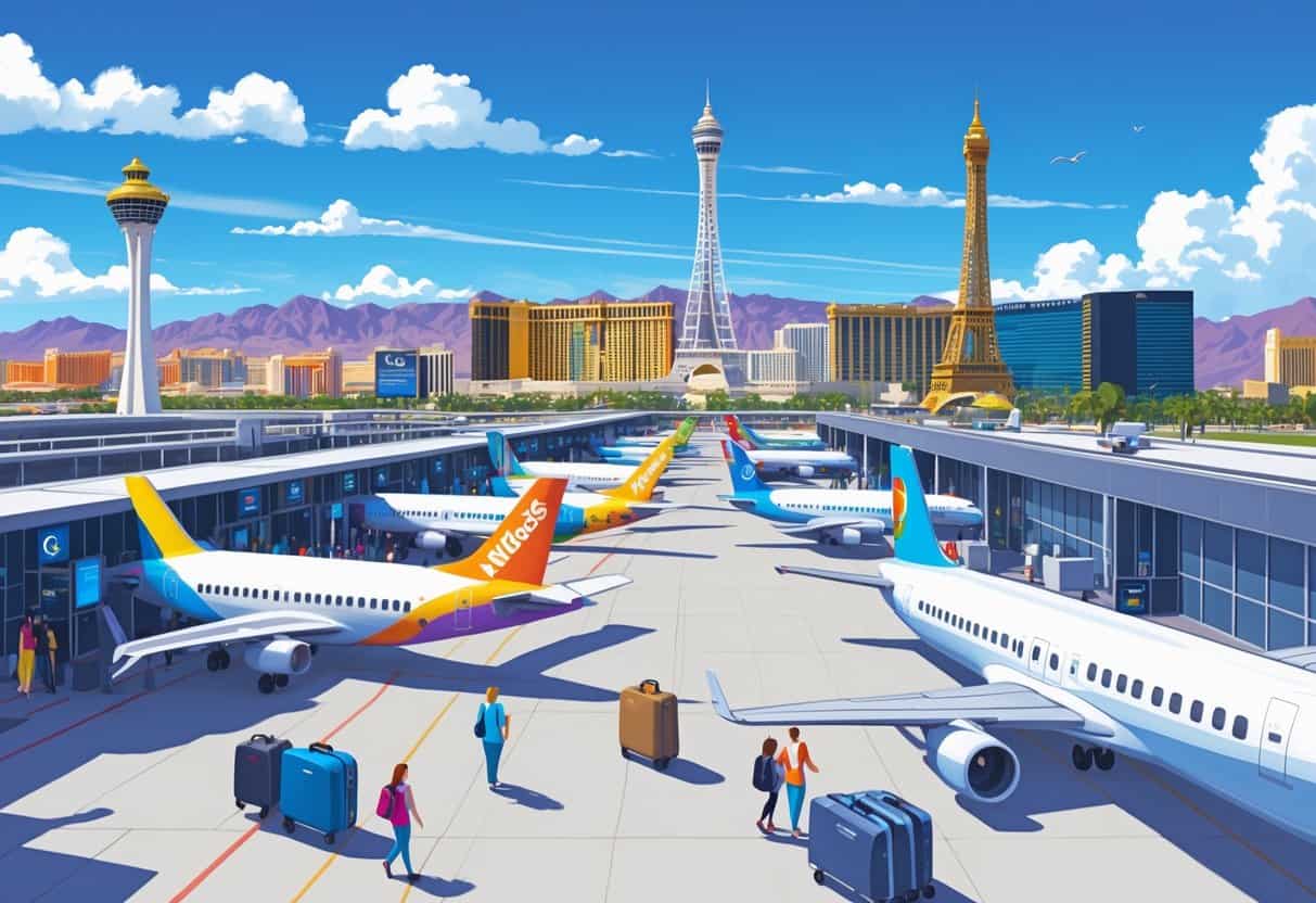 An airport scene in Las Vegas with budget airplanes parked near the terminal and the Las Vegas Strip skyline visible in the background.