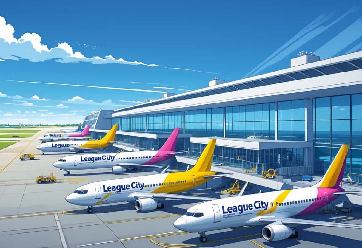 An airport in League City, Texas, with several colorful budget airplanes parked near the terminal under a blue sky.