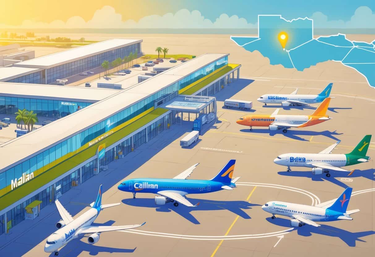 Airport scene showing budget airplanes at McAllen, Texas, with a map highlighting flight routes from McAllen to other cities.