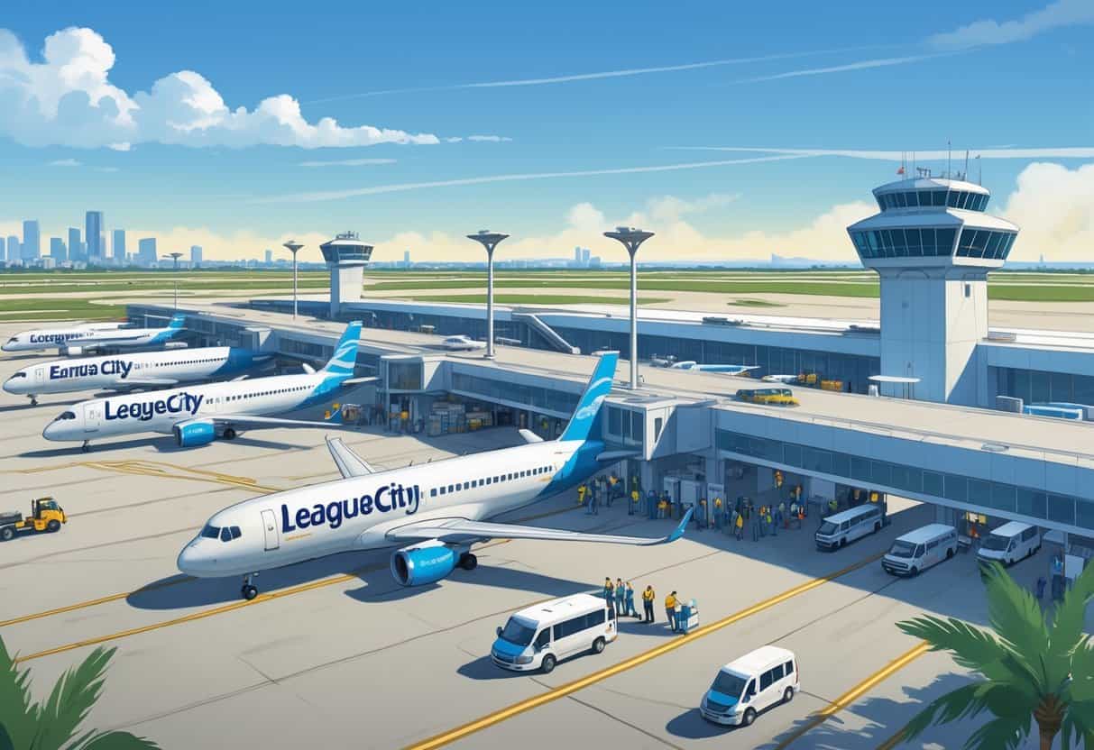 An airport near League City, Texas with budget airplanes at gates, travelers moving around, and airport staff and vehicles working on a clear day.