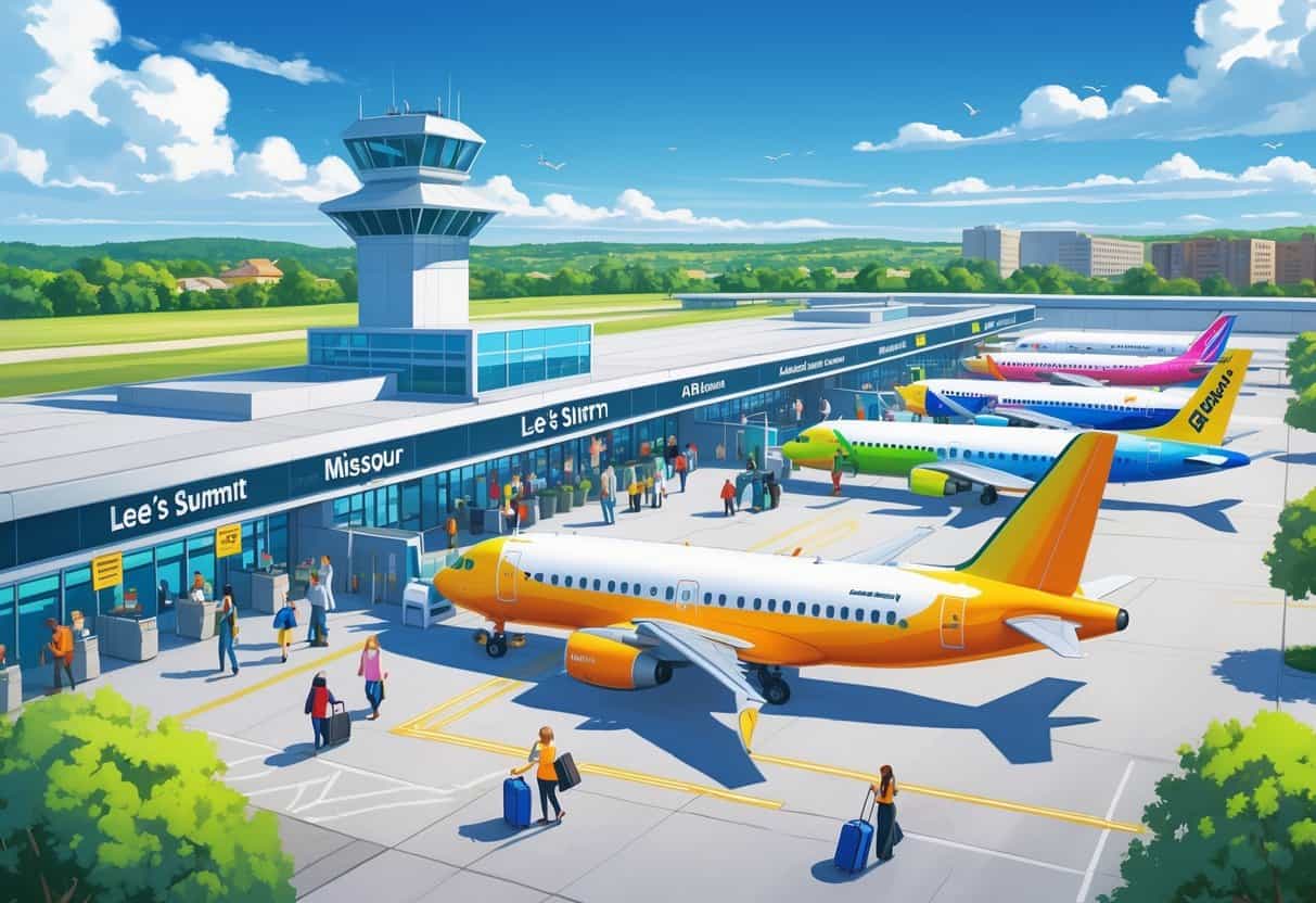 An airport terminal in Lee's Summit with budget airplanes parked at gates and travelers moving around with luggage.