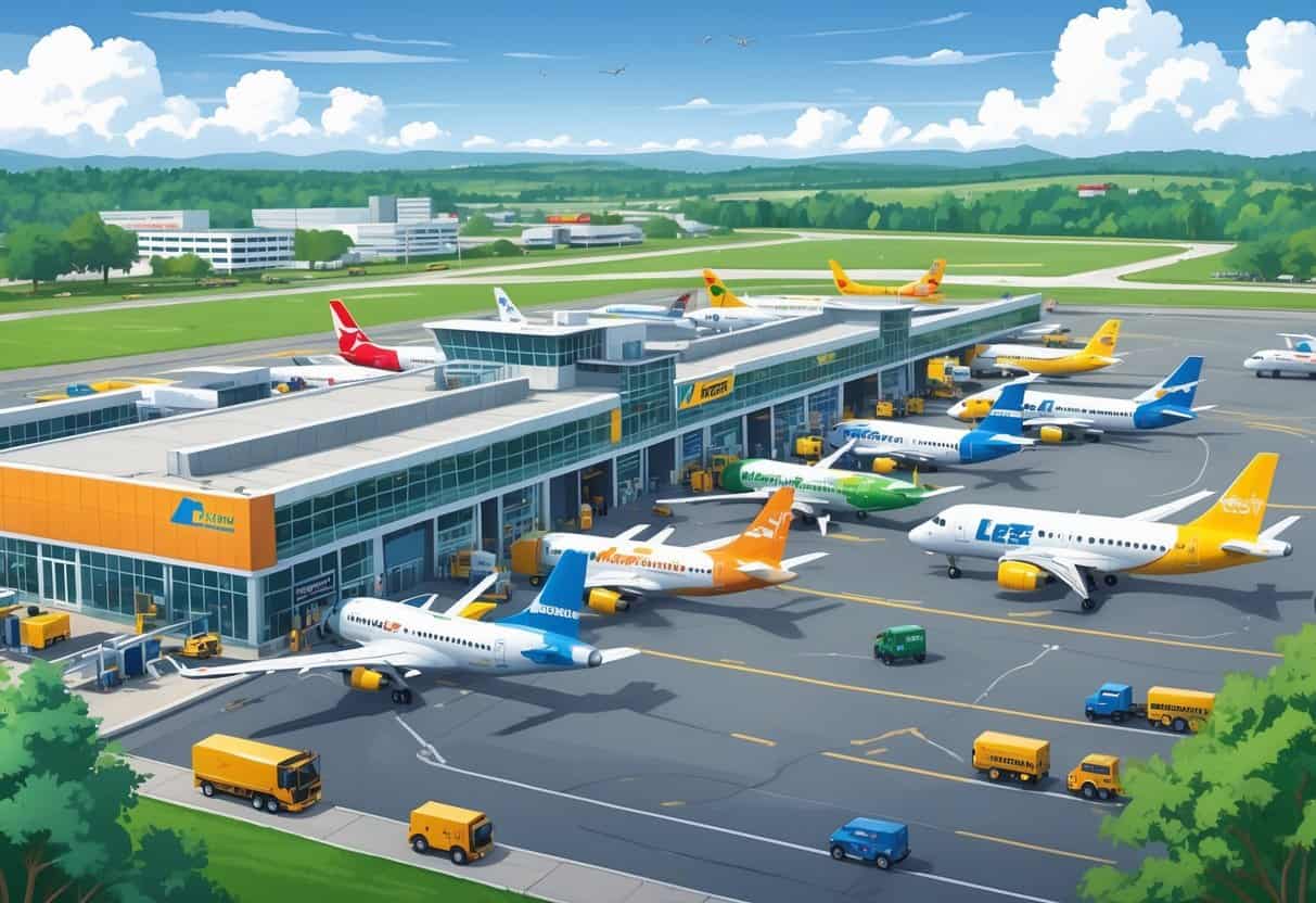 A small regional airport near Lee's Summit with several budget airplanes parked at gates and taxiing, surrounded by trees and buildings under a clear sky.