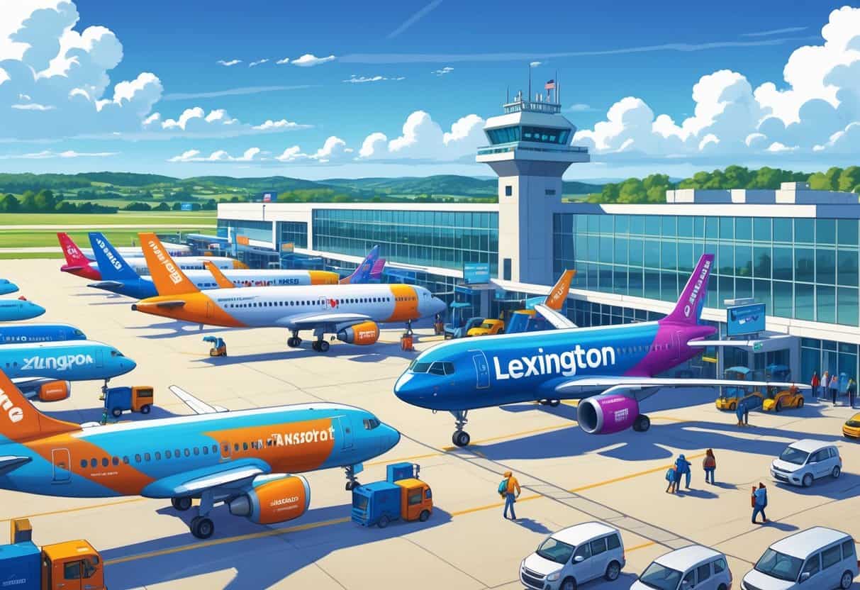 An airport in Lexington, Kentucky with several budget airline planes parked near the terminal, passengers walking with luggage, and airport staff assisting travelers.