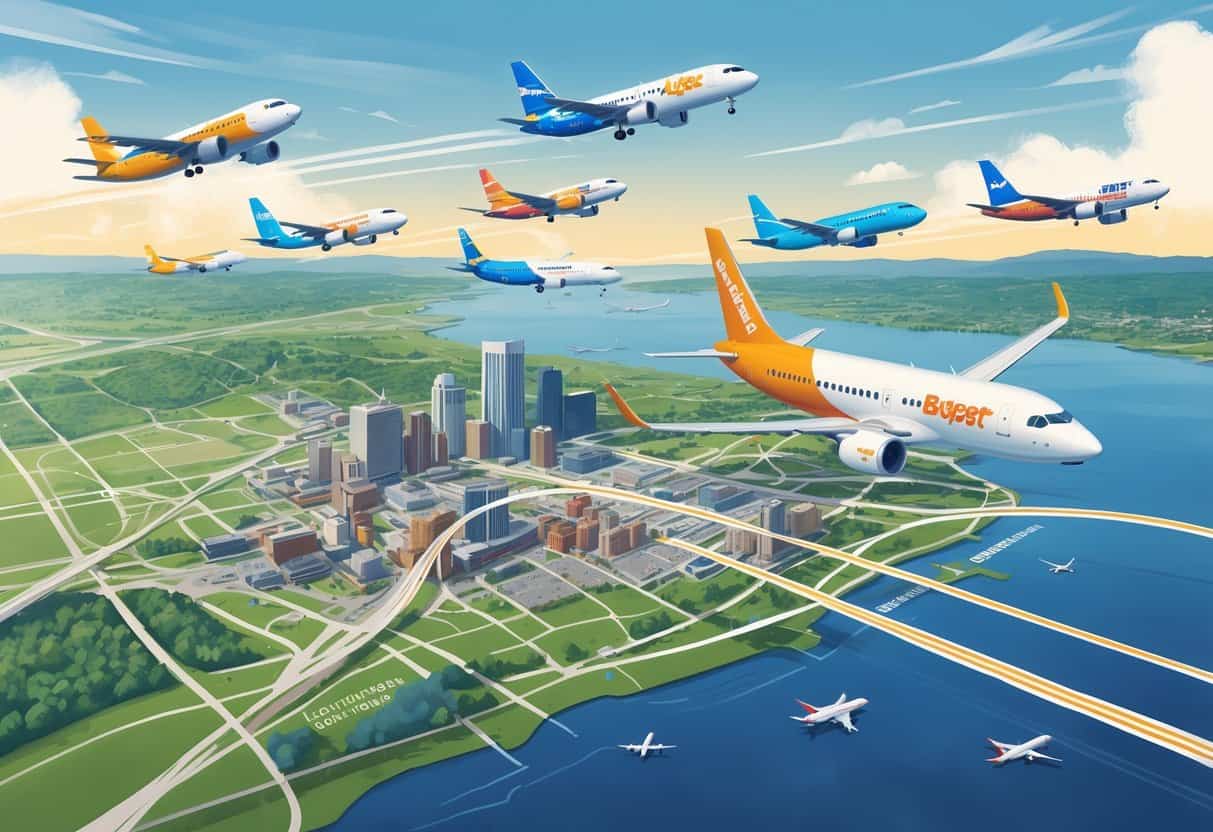 Illustration showing several budget airplanes flying over a map of Lexington, Kentucky, with landmarks and flight routes converging on the local airport.