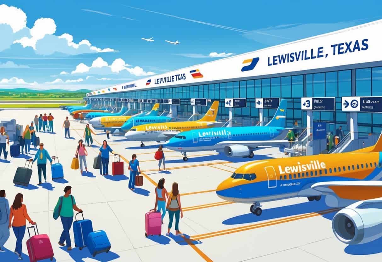 An airport scene in Lewisville, Texas with travelers and several colorful airplanes parked at gates under a blue sky.