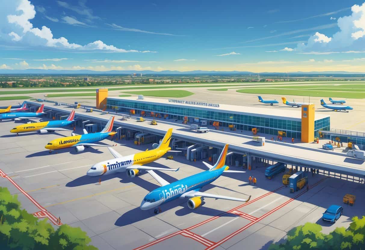 An airport terminal near Lewisville, Texas, showing several budget airline airplanes on the runway with passengers and airport vehicles around.