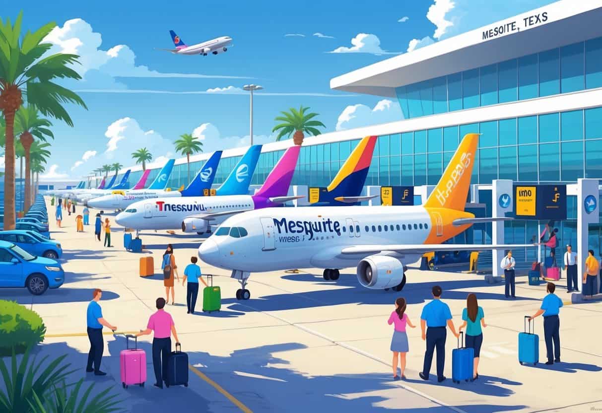 An airport scene in Mesquite, Texas with budget airplanes parked at gates, airport staff assisting passengers, and travelers moving around a modern terminal under a clear sky.