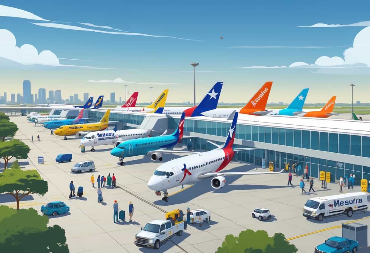 An airport scene in Mesquite, Texas with several budget airplanes, passengers, and airport staff busy around the terminal under a clear sky with the city skyline in the background.