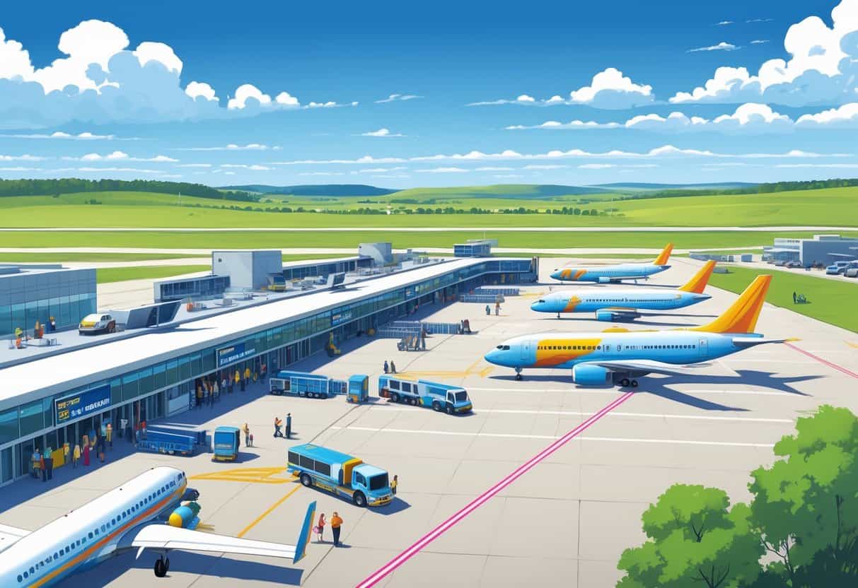 A busy small airport in Lincoln, Nebraska with several budget airplanes parked and passengers walking around the terminal under a clear sky.