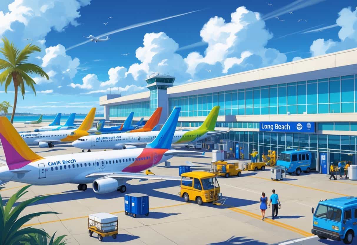 An airport scene in Long Beach, California with budget airplanes parked near the terminal, passengers walking, and ground service vehicles operating under a sunny sky with palm trees in the background.