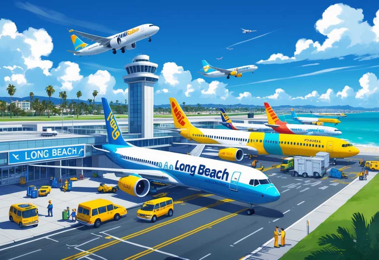 An airport scene at Long Beach showing several budget airplanes on the runway and at gates with passengers and staff nearby, and the city skyline with palm trees in the background.