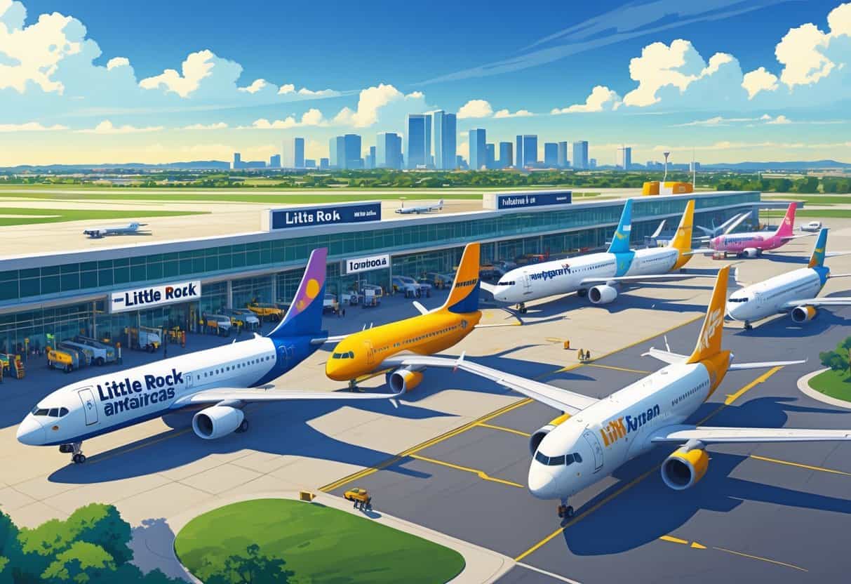 An airport in Little Rock with several budget airline planes at gates and a city skyline in the background.