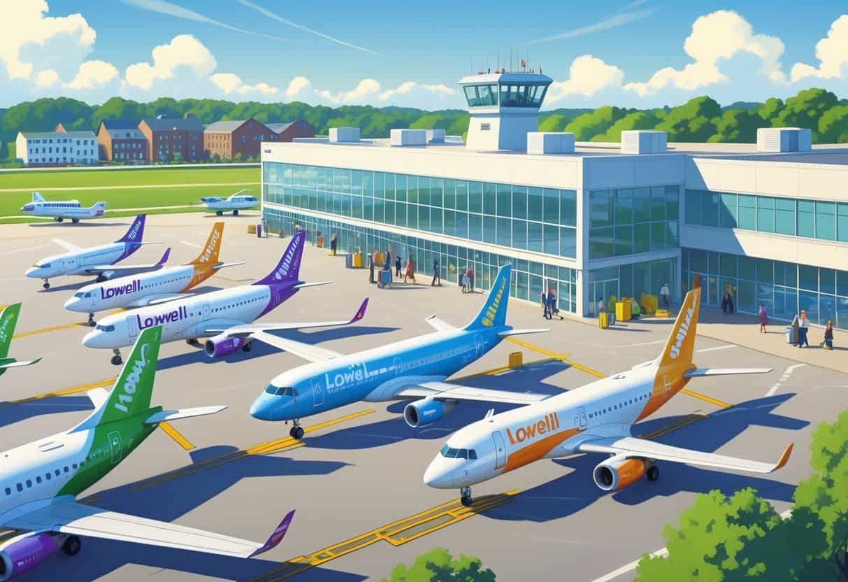 Small airport with budget airplanes parked at gates, a modern terminal, passengers walking with luggage, and a cityscape with historic buildings in the background.