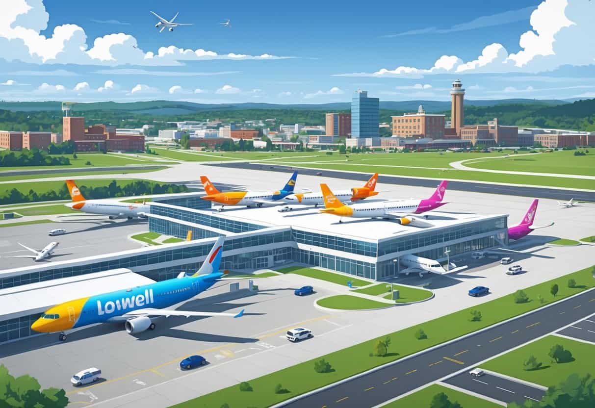 An airport near a city with several colorful airplanes on the runway and a city skyline with historic buildings and a river in the background.