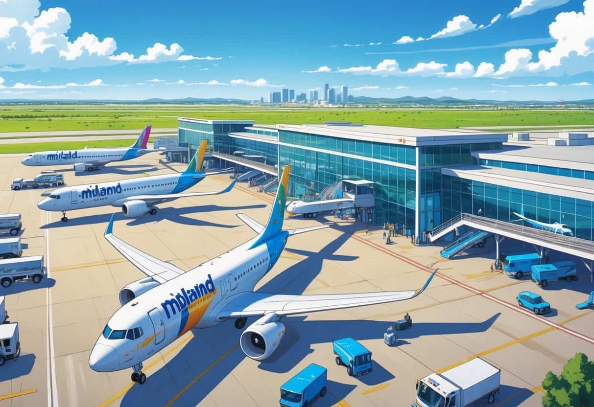 A busy airport in Midland, Texas with budget airline planes at gates, ground vehicles, passengers walking, and the city skyline in the background.