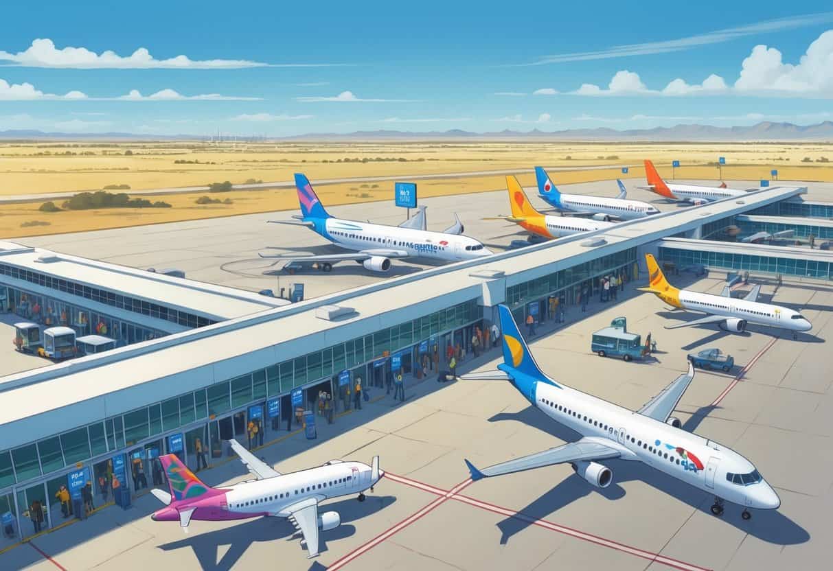 An airport terminal in Midland, Texas with budget airplanes parked at gates and passengers boarding, set against a clear sky and desert landscape.