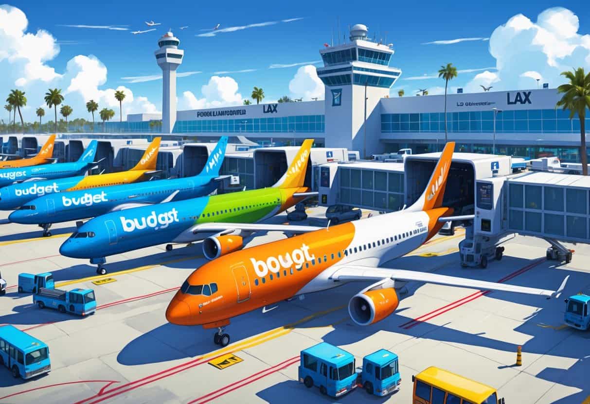 Airplanes from budget airlines parked at Los Angeles International Airport with ground vehicles and the control tower visible under a clear sky.