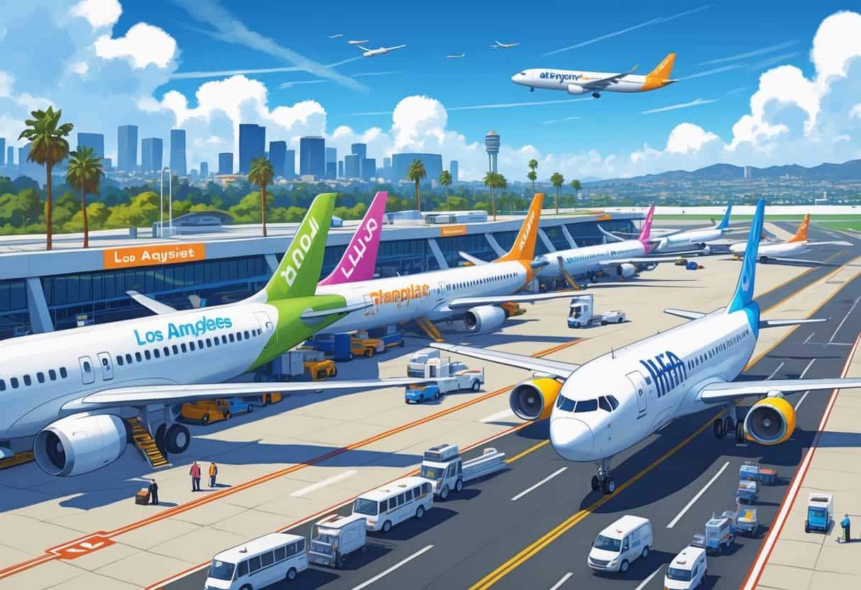 An airport scene in Los Angeles with several colorful budget airplanes parked and taxiing, with the Hollywood sign and palm trees visible in the background.