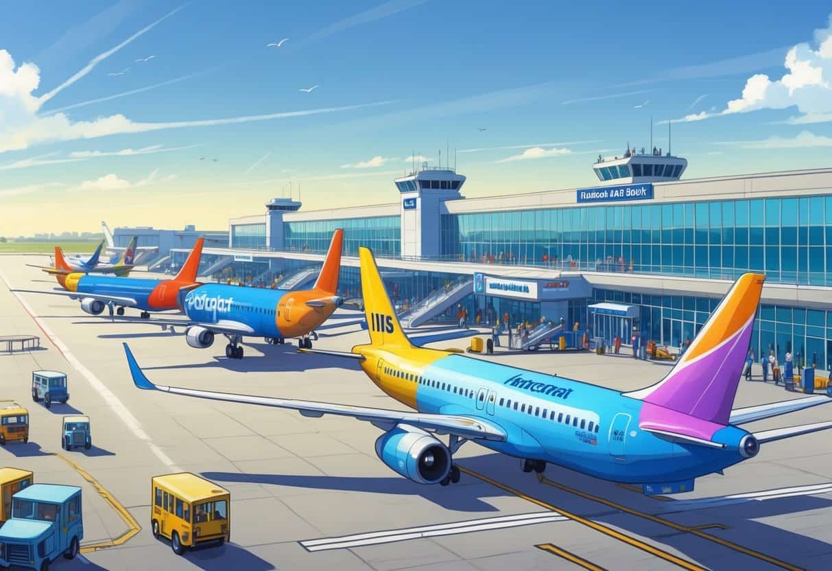 Airplanes from budget airlines parked at Lubbock airport with passengers and airport staff nearby under a clear sky.