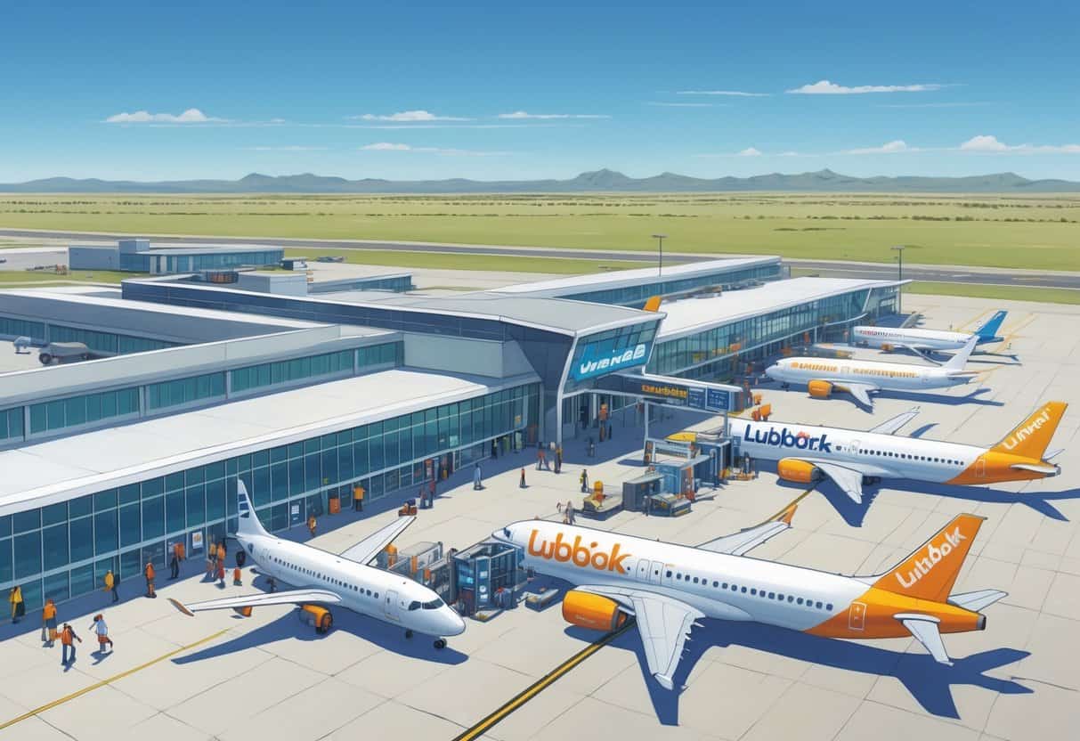 An airport in Lubbock, Texas with several budget airline planes parked and taxiing, surrounded by a flat landscape under a clear sky.