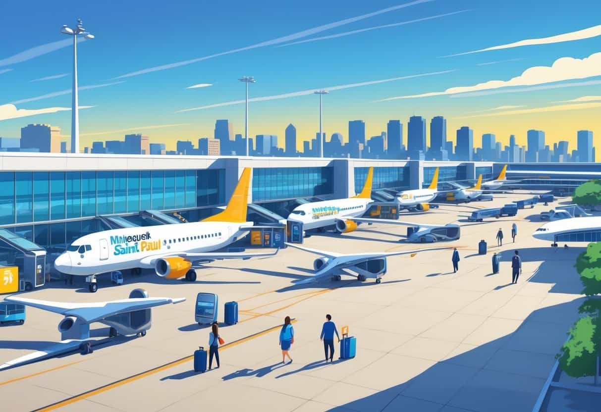 Busy Minneapolis airport with budget airplanes parked at gates, travelers walking with luggage, and the city skyline in the background under a clear sky.