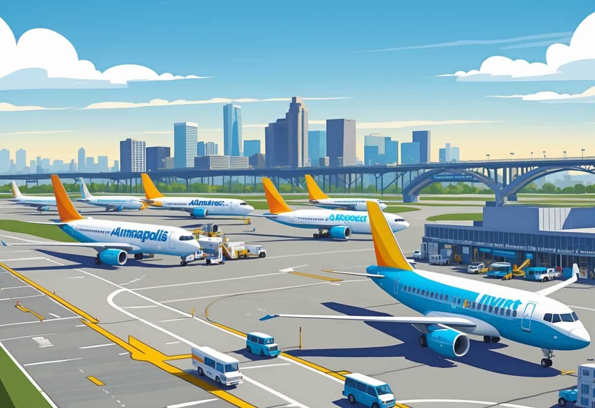 Airplanes from budget airlines at Minneapolis-Saint Paul International Airport with the Minneapolis city skyline in the background.