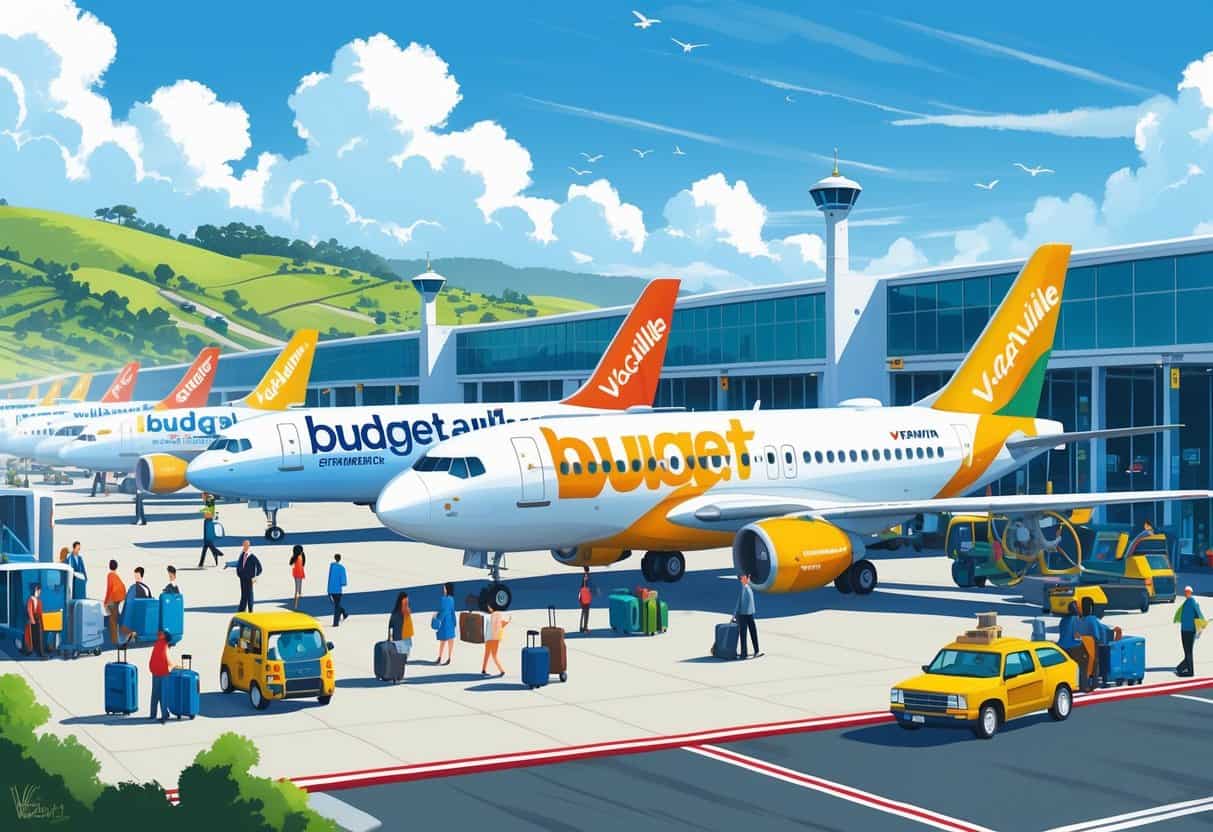 An airport scene in Vacaville, California with budget airline planes at gates, travelers with luggage, airport staff, and ground vehicles under a clear sky.