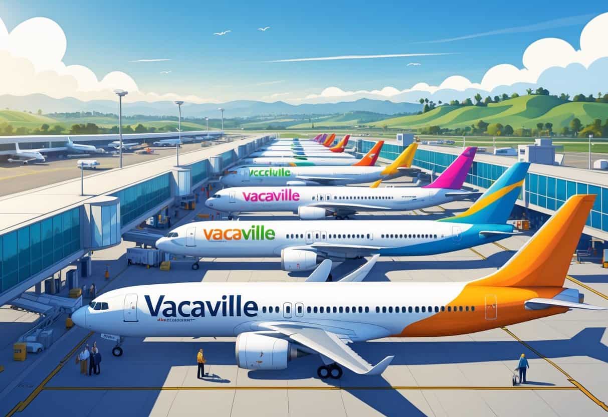An airport scene in Vacaville, California with budget airline planes parked at gates, passengers walking, and hills in the background.