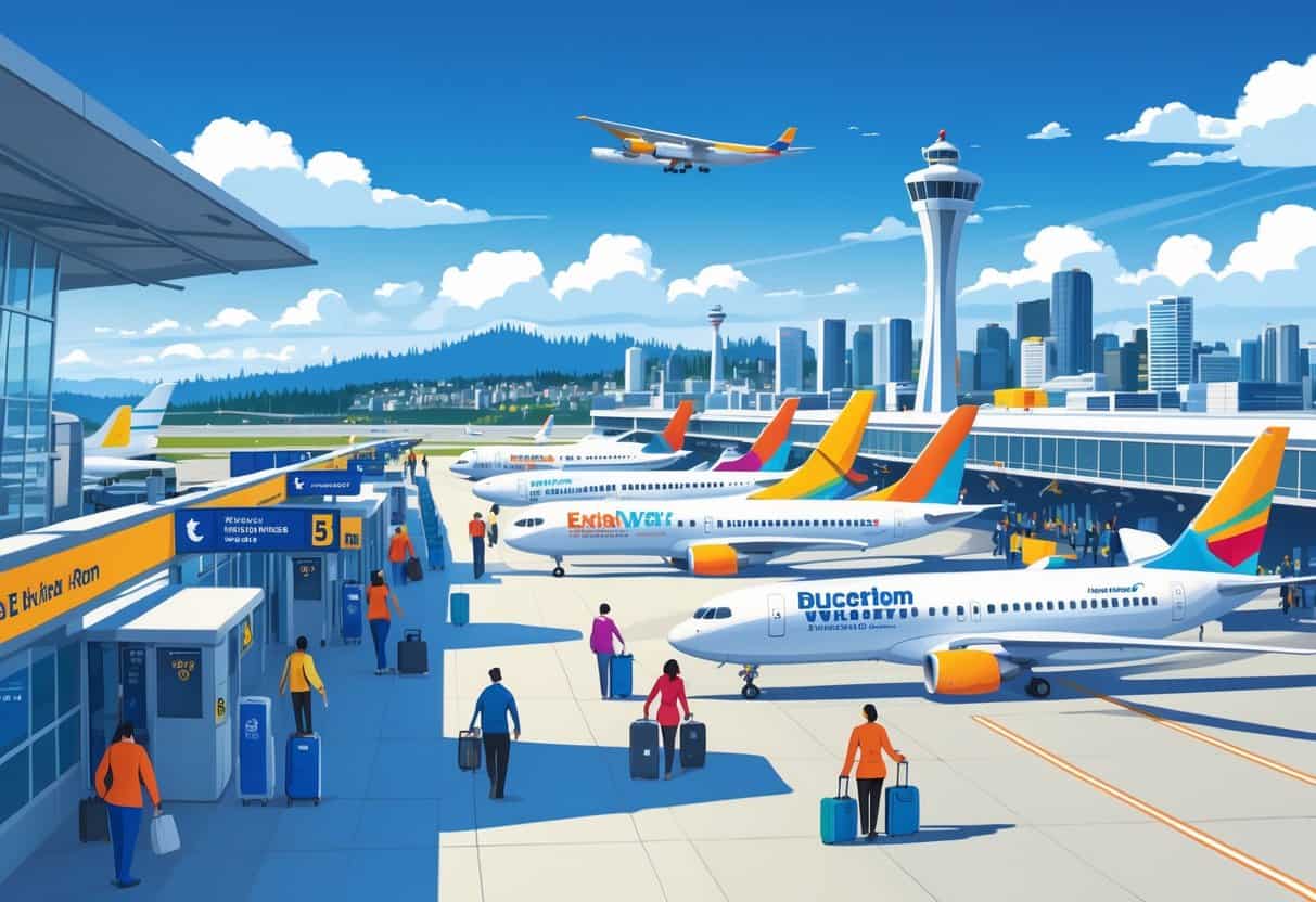 An airport scene in Vancouver, Washington with budget airline planes parked near the terminal and passengers moving around the area.