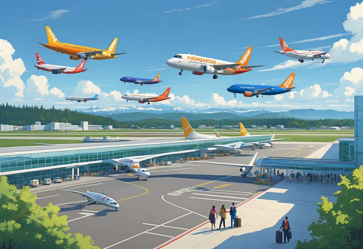 An airport scene near Vancouver, Washington with several colorful airplanes, travelers, and airport staff, showing multiple budget airlines operating in the area.