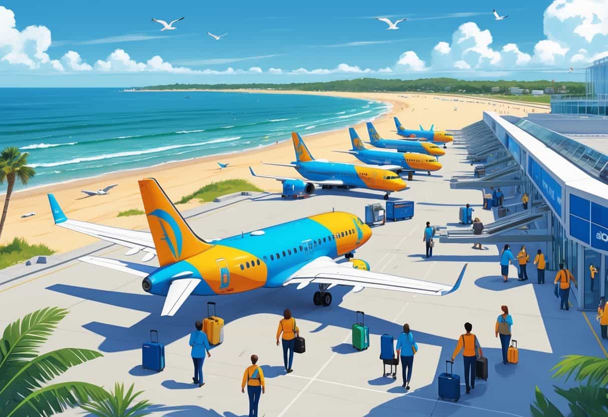 An airport scene near the Virginia Beach coastline with budget airplanes parked at gates, passengers walking with luggage, and staff assisting travelers under a clear sky.
