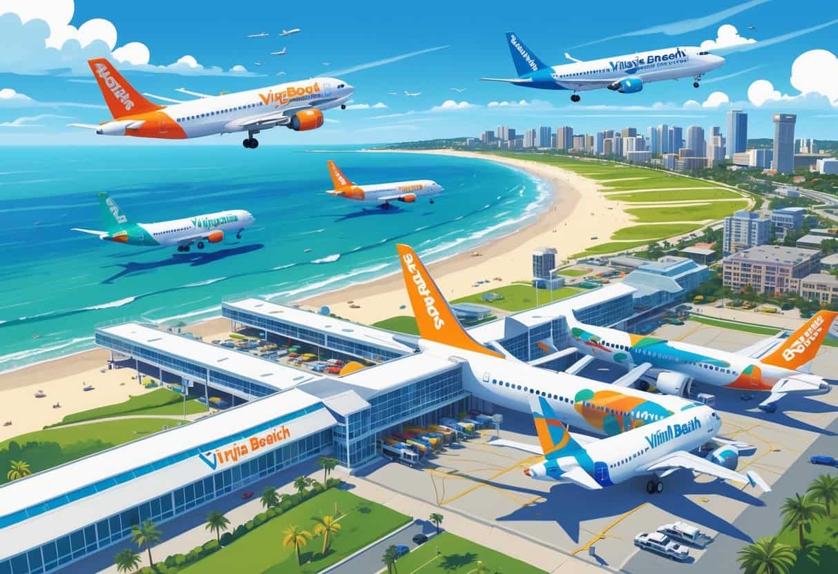 Aerial view of Virginia Beach showing budget airline airplanes flying over the city and coastline, with an airport terminal and sandy beaches visible.