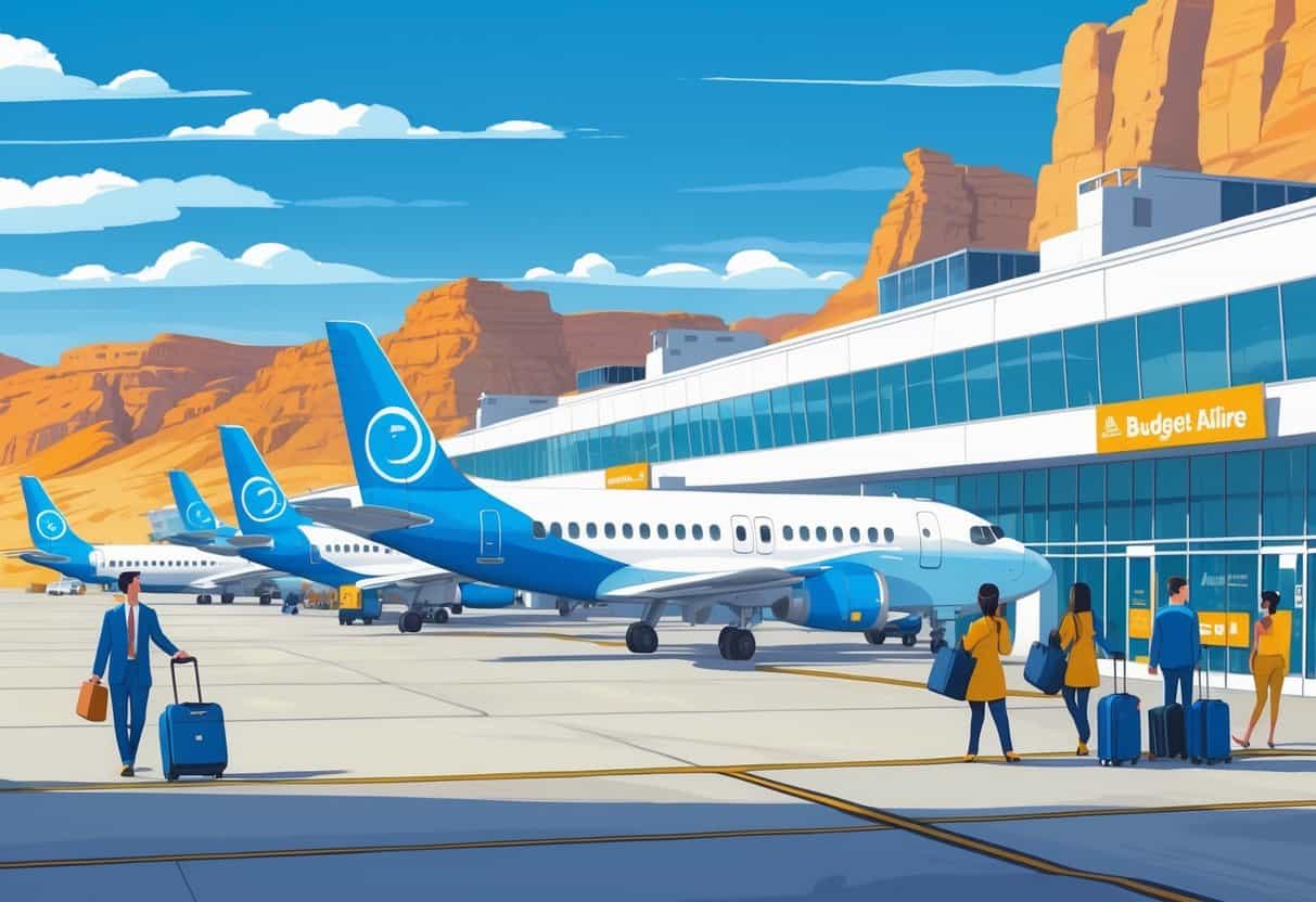 An airport in West Jordan, Utah, with budget airline planes on the tarmac, travelers walking with luggage, and mountains in the background.