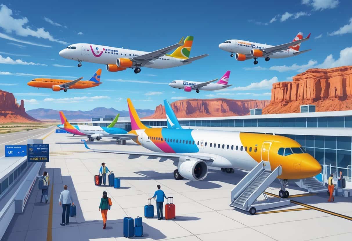 An airport scene with several colorful airplanes, travelers, and airport staff set against the desert landscape and mountains of West Jordan, Utah.