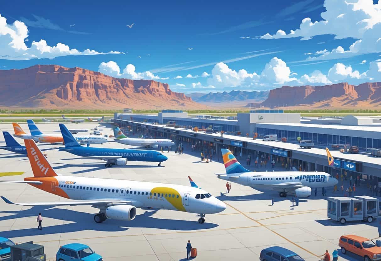 An airport scene in West Valley City, Utah, showing several colorful budget airplanes on the tarmac with mountains in the background and people moving around the terminal.