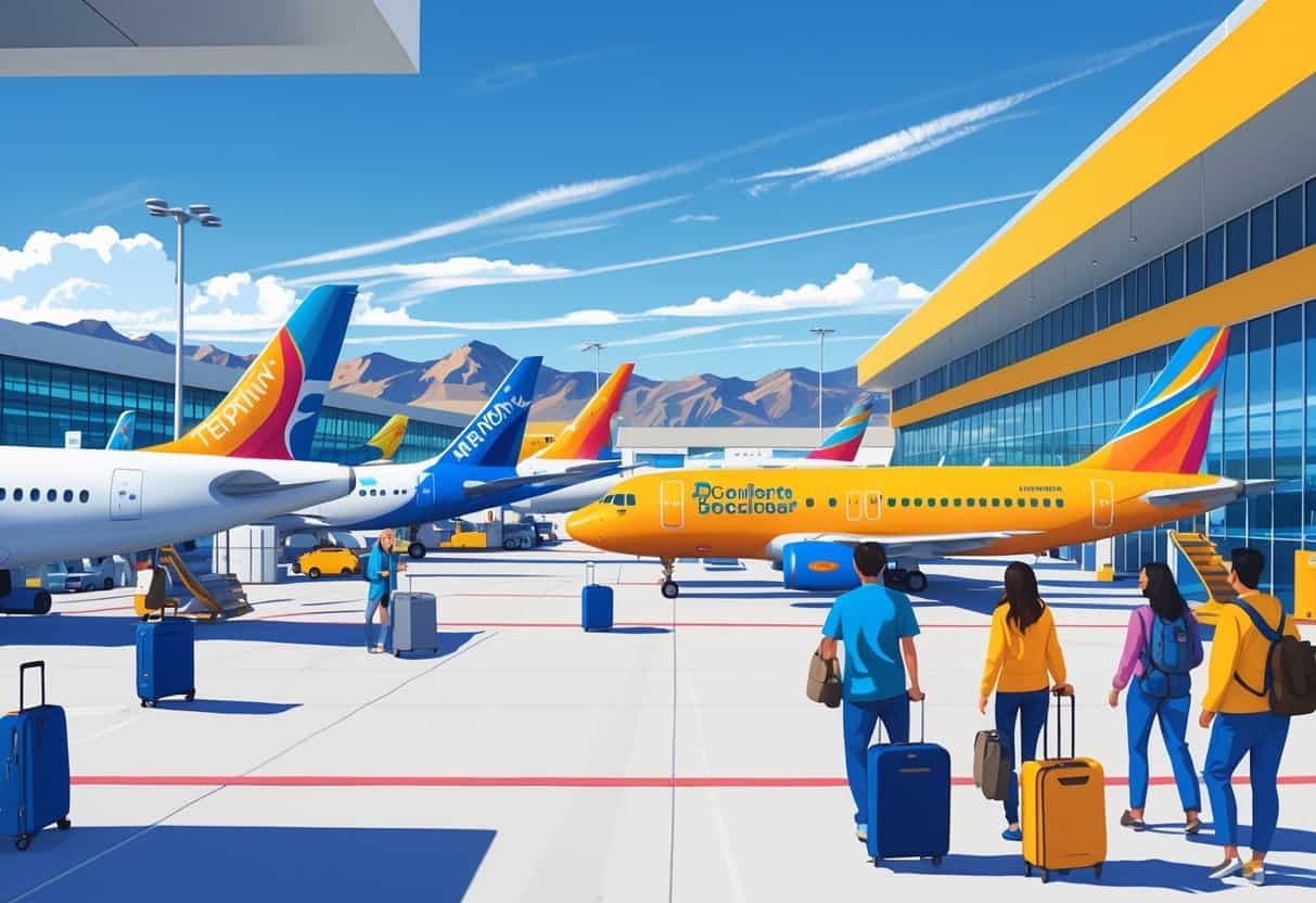 An airport scene in Thornton, Colorado, showing airplanes from various budget airlines parked at gates with travelers and ground crew active around the terminal, set against the Rocky Mountains.