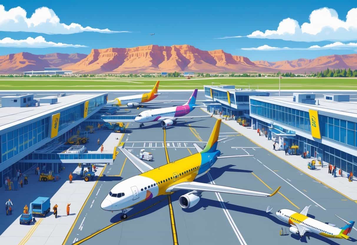 An airport scene in West Valley City, Utah, with several colorful budget airline airplanes on the runway and passengers moving around the terminal with mountains in the background.