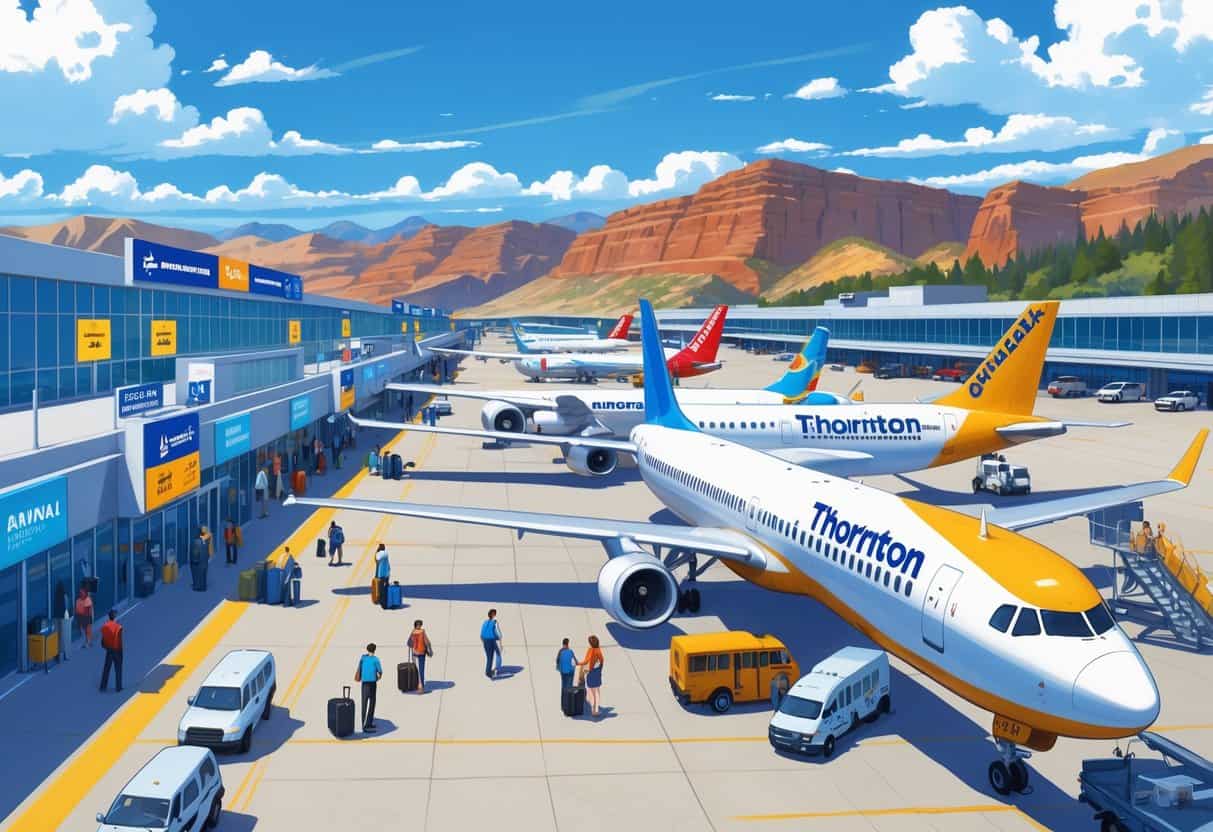 An airport scene in Thornton, Colorado with budget airline airplanes parked at gates, passengers walking with luggage, airline staff, ground vehicles, and mountains in the background.