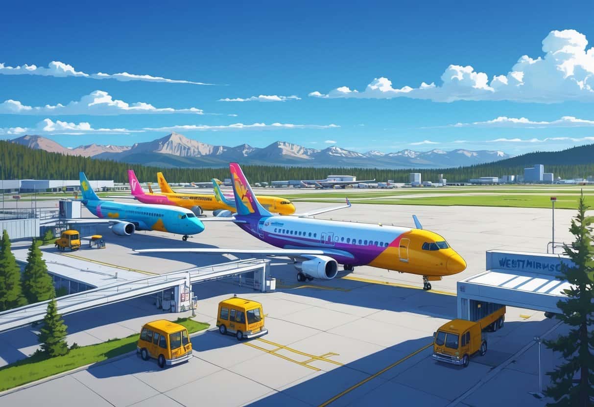 An airport terminal with budget airplanes parked at gates, surrounded by mountains and city buildings in Westminster, Colorado.