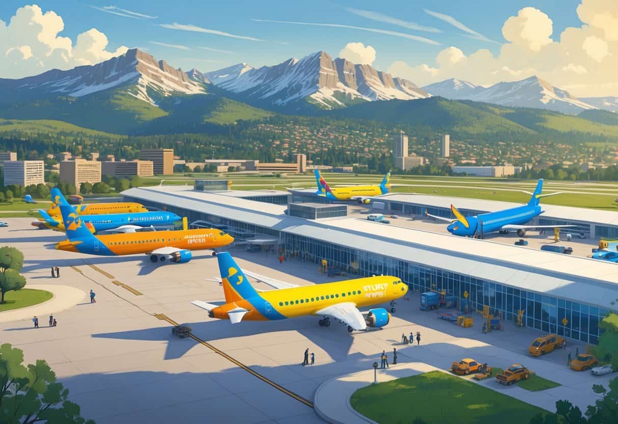 An airport near Westminster, Colorado, with budget airplanes on the runway and the Rocky Mountains in the background.