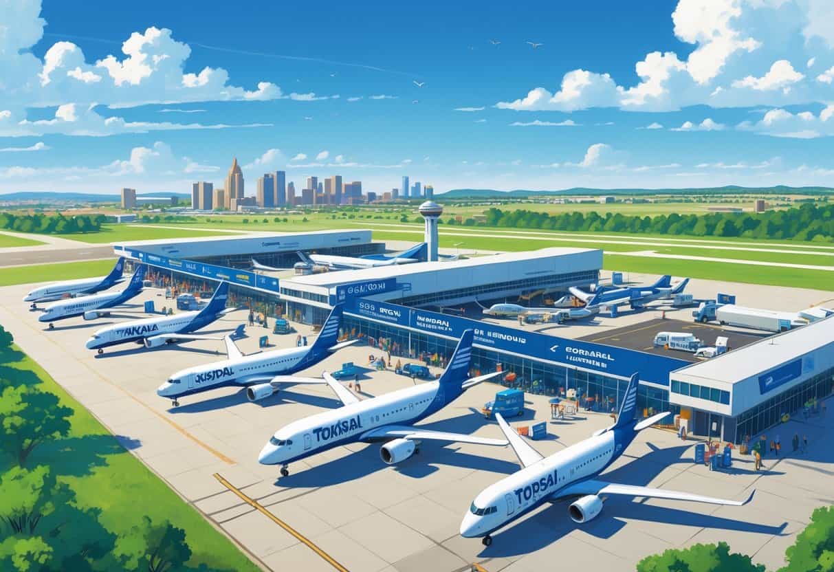 An airport in Topeka, Kansas with budget airline planes at gates and passengers moving around the terminal, set against a city skyline and clear sky.
