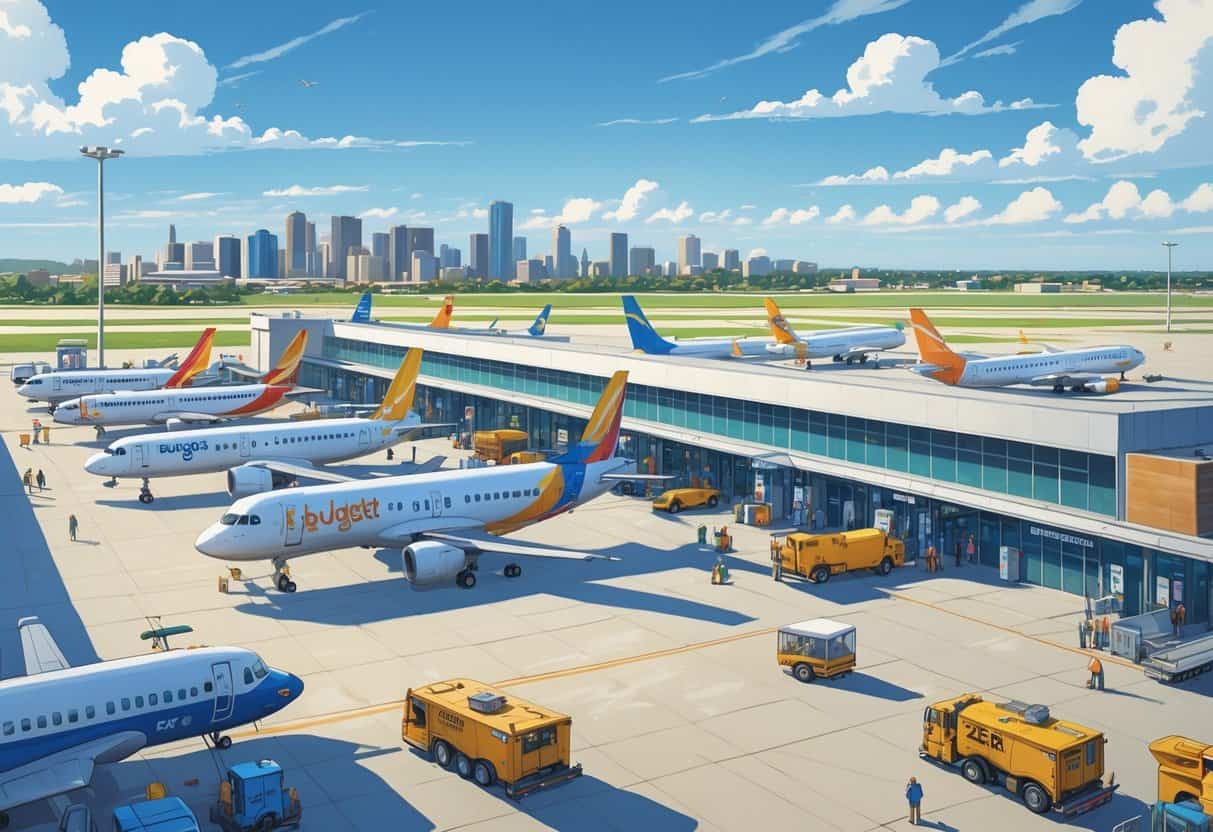 An airport in Topeka, Kansas with several budget airplanes parked at gates, ground vehicles servicing planes, passengers walking, and the city skyline in the background.