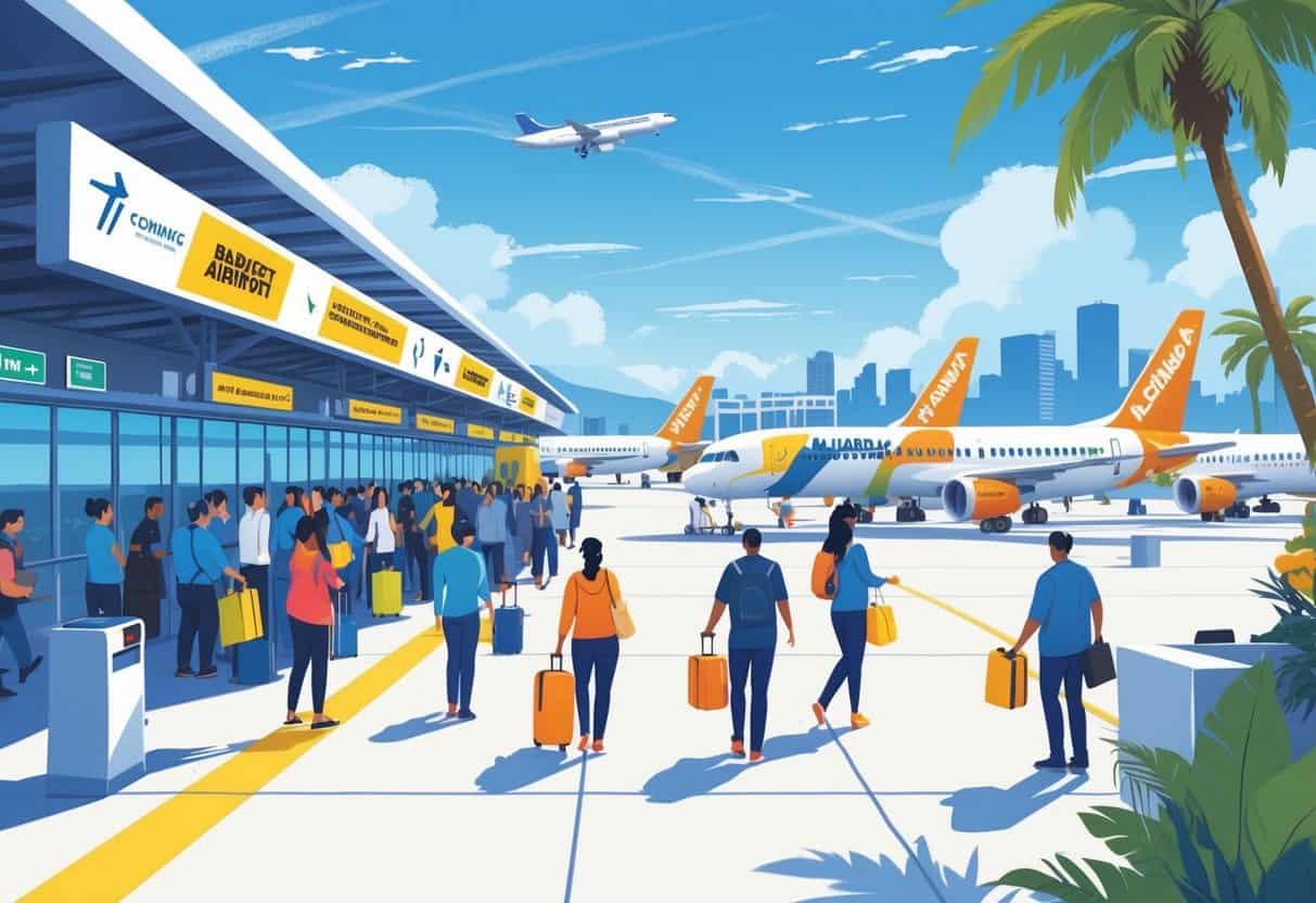 A busy small airport in Torrance, California with budget airline planes, passengers boarding, and airport staff under a sunny sky with palm trees and city skyline in the background.