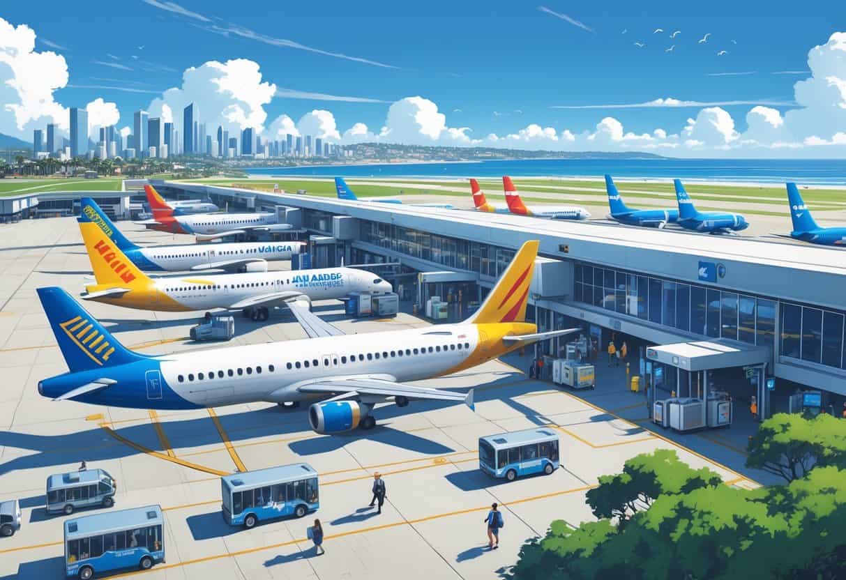 An airport near Torrance, California with budget airline planes at gates, travelers walking, and a city skyline in the background.