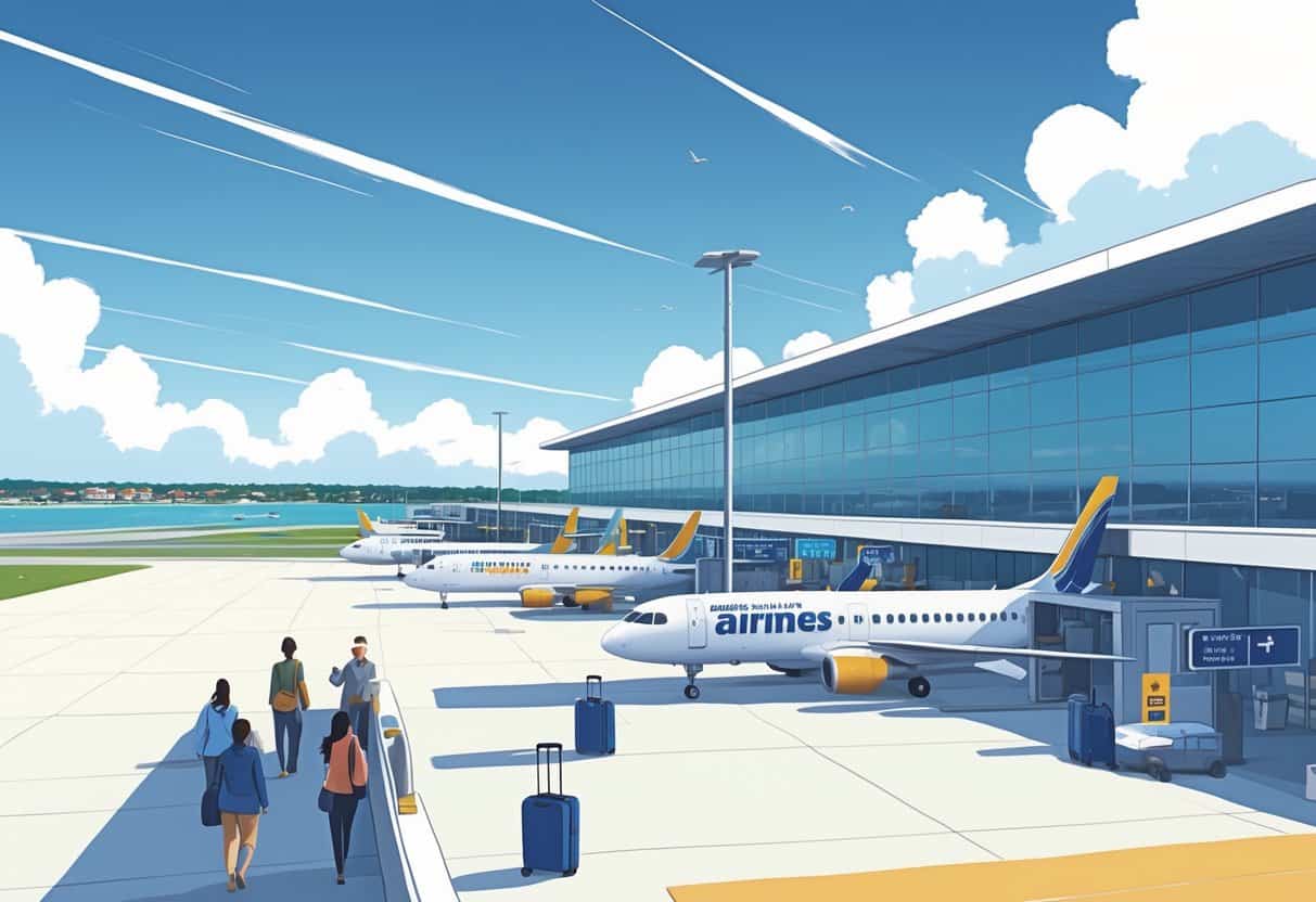 An airport scene in Wilmington, North Carolina, showing several budget airplanes parked at gates with travelers walking nearby and the city skyline and coastline in the background.