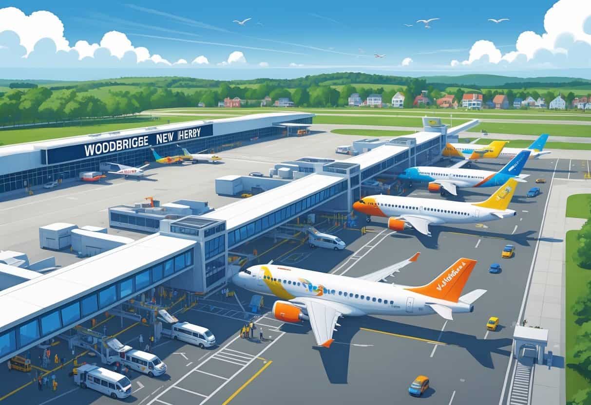 An airport scene in Woodbridge, New Jersey with several budget airplanes at gates and passengers walking in a busy terminal near a suburban skyline.