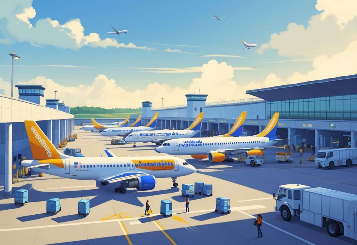 An airport near Woodbridge, New Jersey with several budget airline planes parked and people walking toward the terminal.