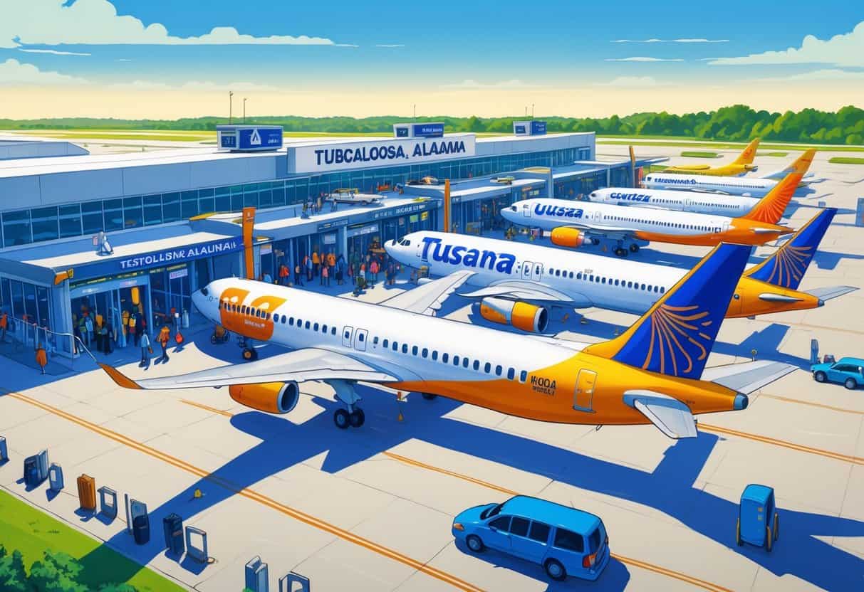 An airport scene in Tuscaloosa, Alabama, showing budget airline planes at gates with passengers boarding and a modern terminal in the background.